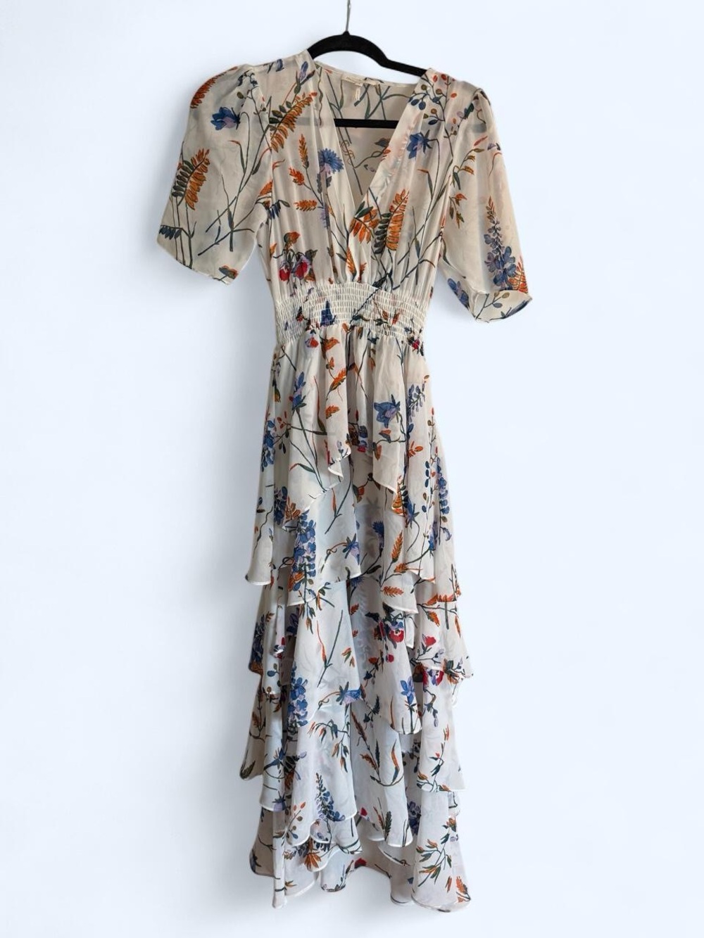 Maje white Floral Tiered Maxi Dress with Blue & Orange Blooms